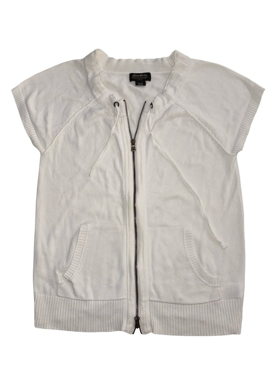 Eddie Bauer Sweaters - Eddie Bauer White Zip Front Short Sleeve Sweater Jacket Drawstring Neck Size L